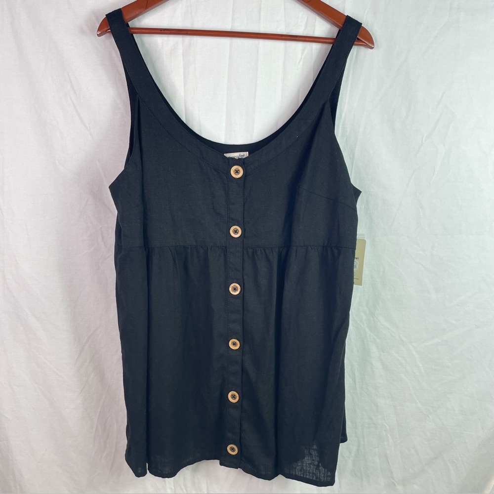 NWT Terra & Sky Plus Women's Button Front Tank Size 1X(16-18w) Black Linen Blend